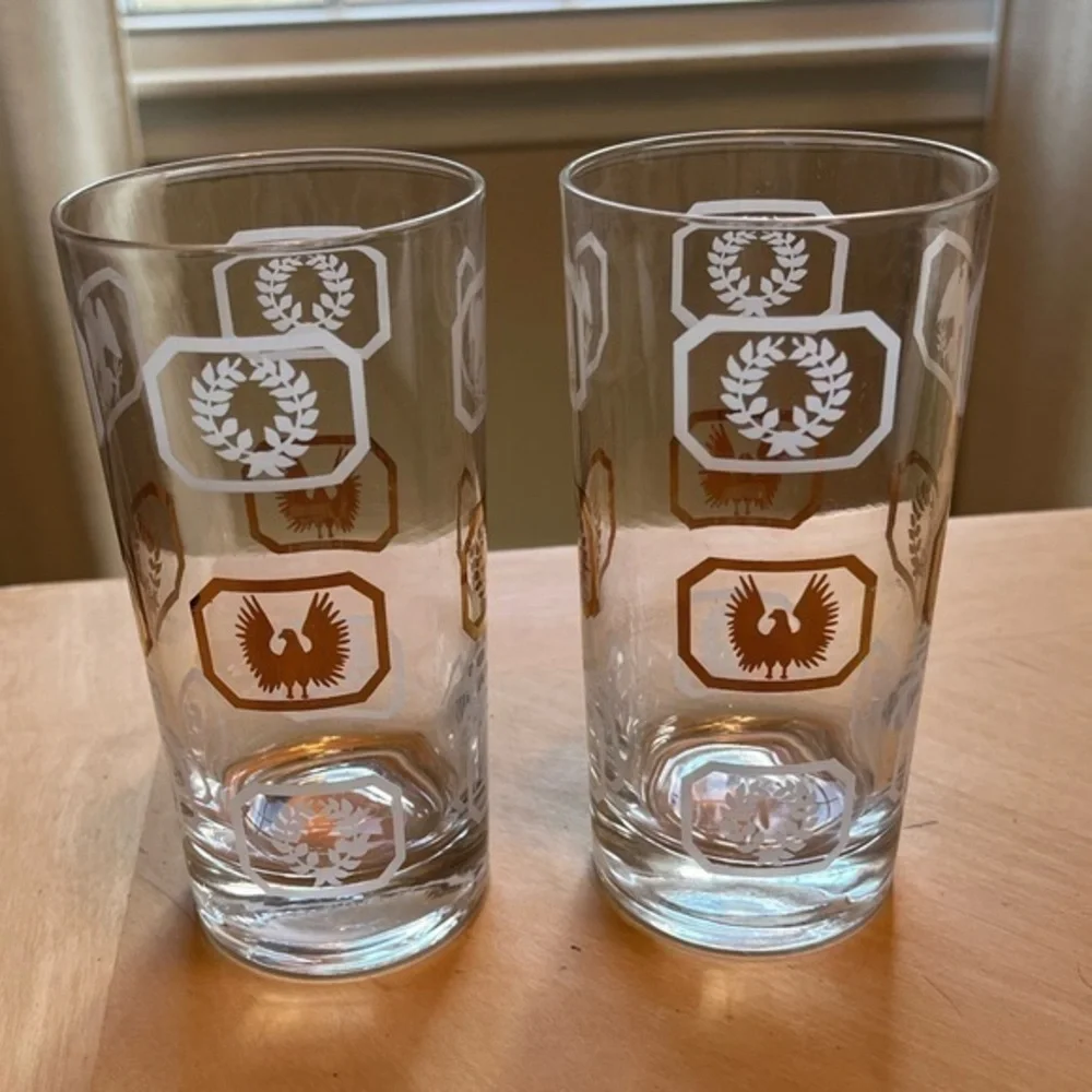 Highball Glasses Set of 2 Vintage Gold & White w/ Eagles Laurel Wreaths